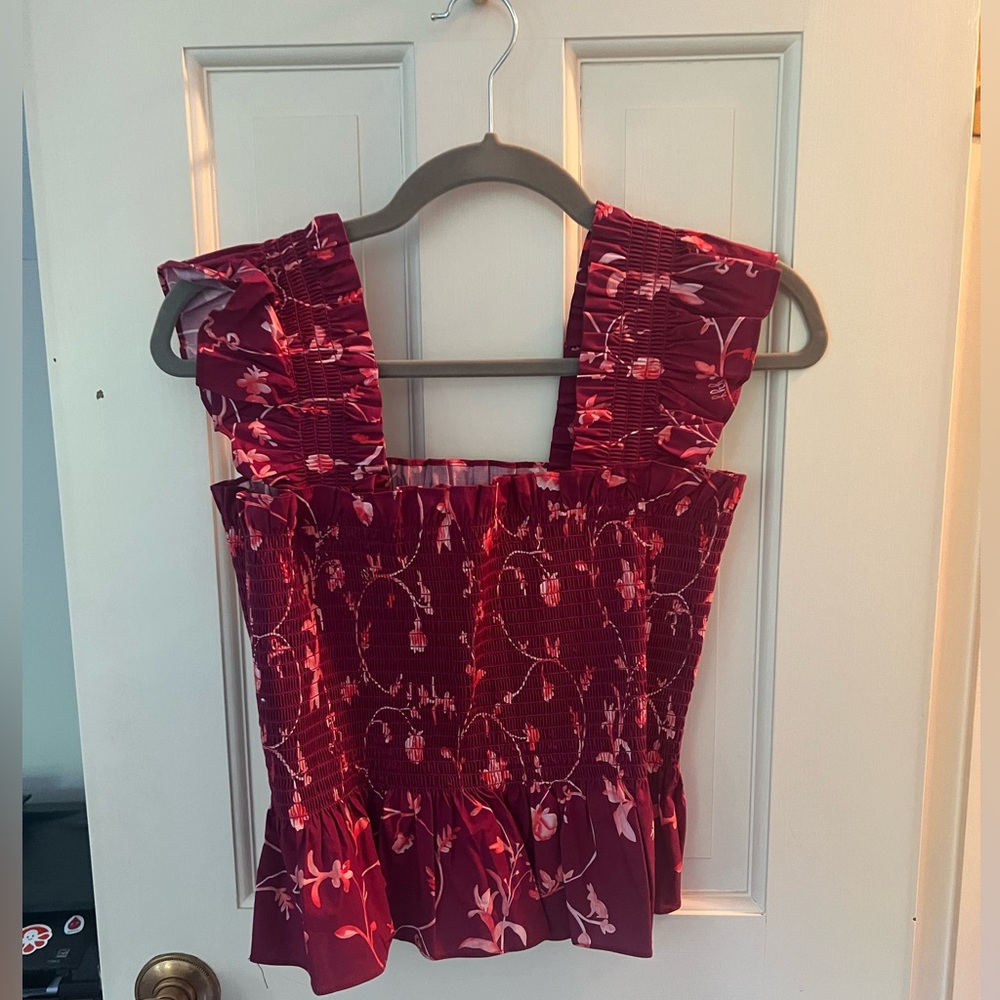Hill House size M smocked top in burgundy print.